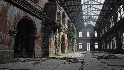 Sunlight shines through glass roof of decaying industrial building with plants growing inside, illustrating concepts of urban decay, abandonment, and nature reclaiming man-made structures - Powered by Adobe
