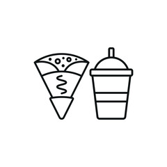 Drink and crepe set icon represents a delightful café and dessert experience, perfect for bakery branding, French patisserie menus, street food promotions, and gourmet food visuals.