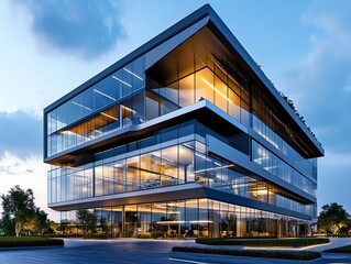 Large corporate headquarters, expansive glass facade, 3D illustration