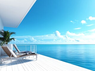 Fototapeta premium Luxury balcony, oceanfront view, 3D illustration