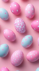 A creative display of pastel-colored eggs in varying shades of pink and blue rests on a soft pink surface, showcasing intricate designs for Easter festivities