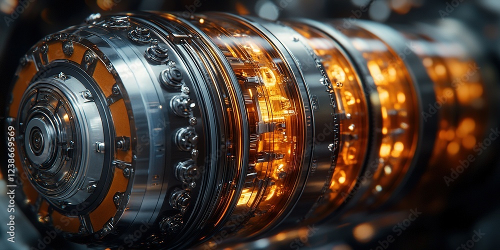 Poster detailed view of a complex engine component showcasing intricate design and glowing elements