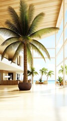 Fototapeta premium A tropical resort hotel lobby with openair concept, palm trees, and natural wood finishes, hyperdetailed, isolated on white background