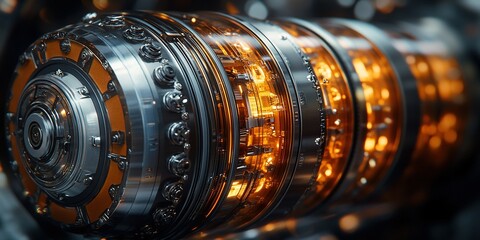 Obraz premium Detailed view of a complex engine component showcasing intricate design and glowing elements