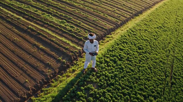Indian farmer operating a drone remote controller in a cultivated field, highlighting the blend of modern technology with traditional farming practices for improved productivity