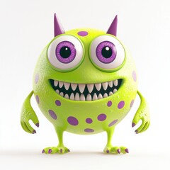 Fototapeta premium Three-eyed lime-green monster with purple polka dots and a mischievous grin, isolated on white background