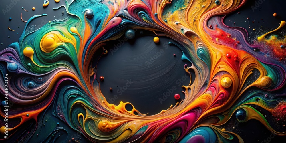 Poster abstract swirling vibrant paint composition with central empty space