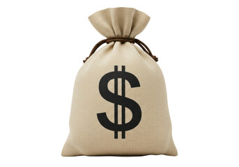 A beige fabric money bag with a printed dollar symbol, tied at the top, isolated on a white background