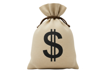 A beige fabric money bag with a printed dollar symbol, tied at the top, isolated on a white background