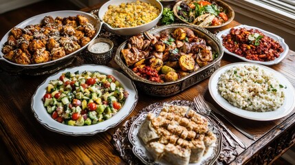 Abundant Selection of Colorful Dishes on a Wooden Table Setting