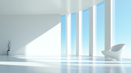 Minimalist living room with large windows, bright and airy, 3D illustration