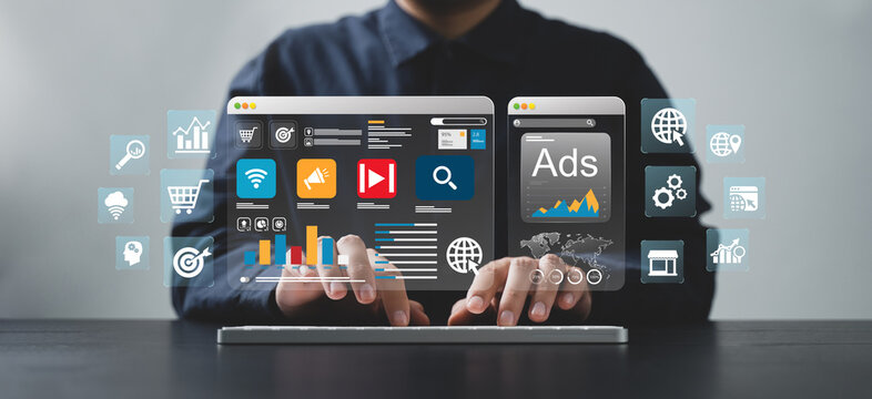 Digital Marketing, Advertising, Product Advertising, Promoting products or services through digital tools, Online Advertising Concepts, Internet Advertising, Digital Marketing, Social Media.