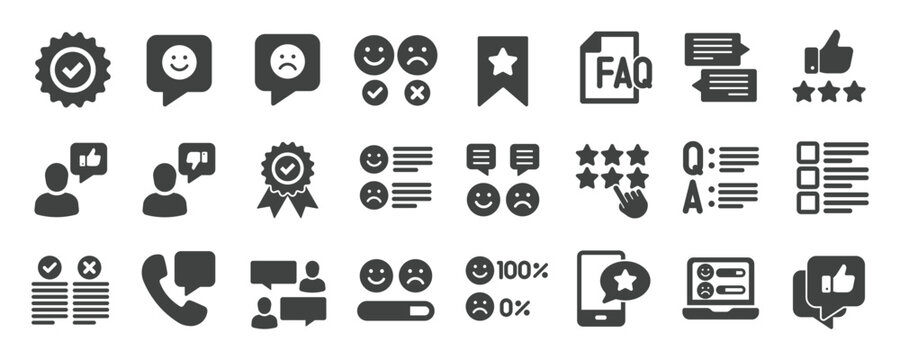 Feedback glyph solid icons collection. Containing testimonial, support, communication, review, satisfication. Minimal icon and symbol series vector illustration