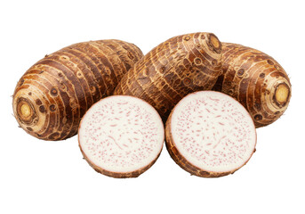 Three taro roots with rough, textured brown skin, one sliced open to reveal the white interior, isolated on a white background