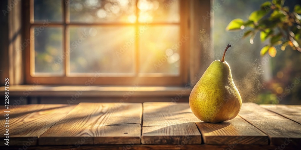 Poster a single ripe pear rests on a rustic wooden table, bathed in the warm glow of sunlight streaming thr