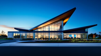 Obraz premium Corporate headquarters exterior with bold geometric architecture, steel and glass structure, modern office building design, professional elegance
