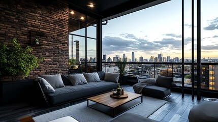 Fototapeta premium Modern industrialstyle balcony with brick wall decor, city skyscraper view, stylish loft apartment vibe
