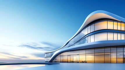 Fototapeta premium Corporate office building, sleek glass exterior, 3D illustration