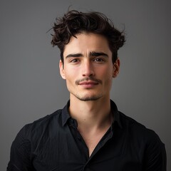 Obraz premium guy in black shirt on grey background.