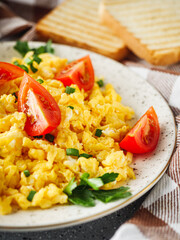 Scrambled Eggs and Juice Delicious Breakfast Meal with Toast and Fresh Ingredients