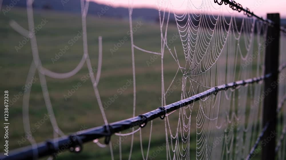 Poster delicate spider webs glisten in the dawn light on a fence line in the countryside