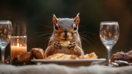 A charming squirrel relishes a piece of food at a beautifully set dining table, showcasing the beauty of nature and playful moments in wildlife during a serene evening.