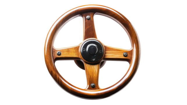 Classic wooden steering wheel isolated on transparent background