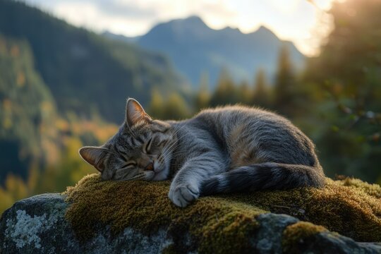 A tabby cat peacefully sleeps on a moss-covered rock in the majestic mountains during sunset.