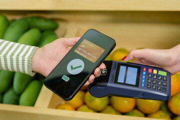 Young Caucasian female customer uses a smartphone for a digital payment at a fruit shop. Contactless transaction for a seamless shopping experience. Small business supports modern payment methods.