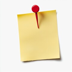 Yellow post-it with red pins, isolated on white paper.