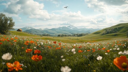 Captivating Panorama of a Wildflower Meadow Under a Blue Sky