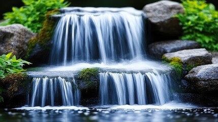 Waterfall scenes nature idea. A serene waterfall cascading over rocks, surrounded by lush green foliage.