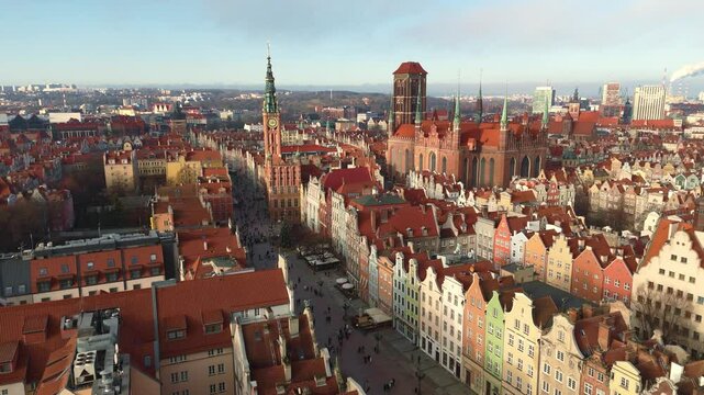 aerial flyover of gdansk city center during daytime in winter in poland