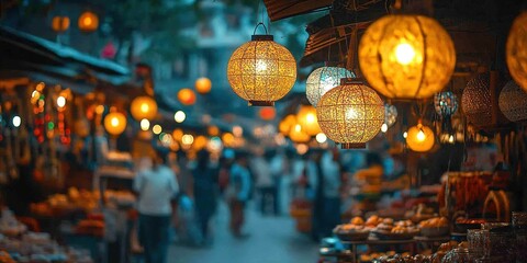 Evening market illuminated by lanterns with bustling visitors enjoying local crafts in a vibrant, cultural atmosphere