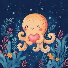 Playful Octopus Holding a Heart - A Whimsical Sea Creature