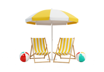 Two yellow and white striped beach chairs with a matching beach umbrella and two colorful beach balls isolated on white background