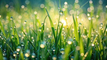 Fototapeta premium Morning dew on vibrant green blades of grass, illuminated by soft sunlight, creating a sparkling, refreshing scene.