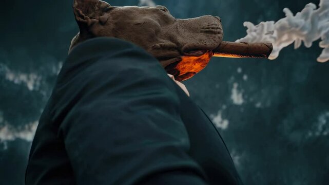 Photomanipulation of a pitbull as a businessman, wearing a suit and smoking a cigar with a dramatic cloudy sky in the background, creating a powerful and surreal image