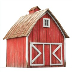 Wooden barn with red paint and white trim, isolated on white background