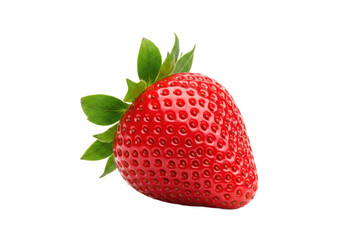 Single ripe strawberry with green leaves, isolated on white background