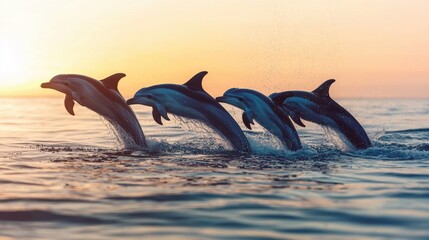 Fototapeta premium Playful Dolphins Leaping Gracefully Above Calm Ocean Waves at Sunset