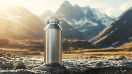 Concept of Hydration During Travel. Stainless Steel Thermos on Rocky Surface with Mountain Sunrise. Adventure and Outdoor Lifestyle.