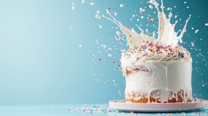 This vibrant cake erupts with colorful splashes and sprinkles, highlighting its festive appeal, perfect for celebrations or sweet occasions that need a visual boost.