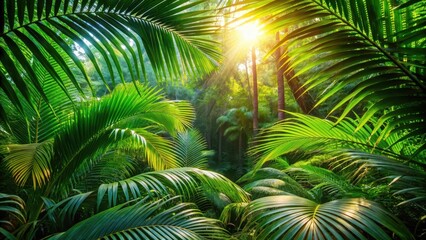 Obraz premium Warm sunlight filtering through lush green palm tree leaves creating a dappled effect on the forest floor, landscape