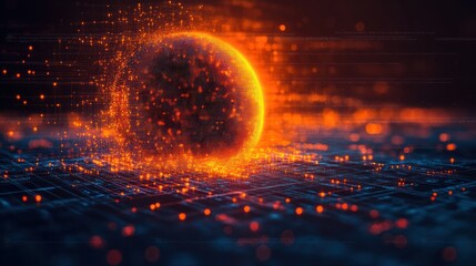 Glowing sphere on digital surface.