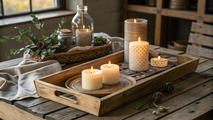 Fototapeta premium Cozy Candlelight on Wooden Tray: A rustic wooden tray holds several burning candles of varying sizes and styles, creating a warm and inviting ambiance.