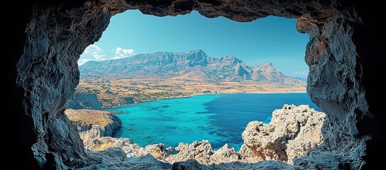 Stunning turquoise bay view framed by a cave opening, revealing a dramatic mountain backdrop under a clear blue sky.