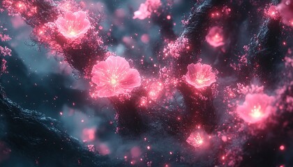 Pink flowers on branches, illuminated, with blurred bokeh background, for nature graphics