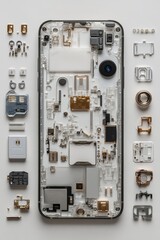 Various internal components of a smartphone are carefully displayed around its transparent back, illustrating the complexity of modern technology's design