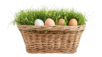 Wicker basket overflowing with grass and colorful eggs on transparent background